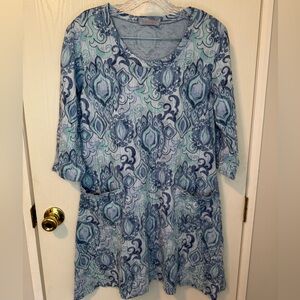 Fresh Produce Blue Patterned Tunic Length 3/4 Sleeve Top Size Medium